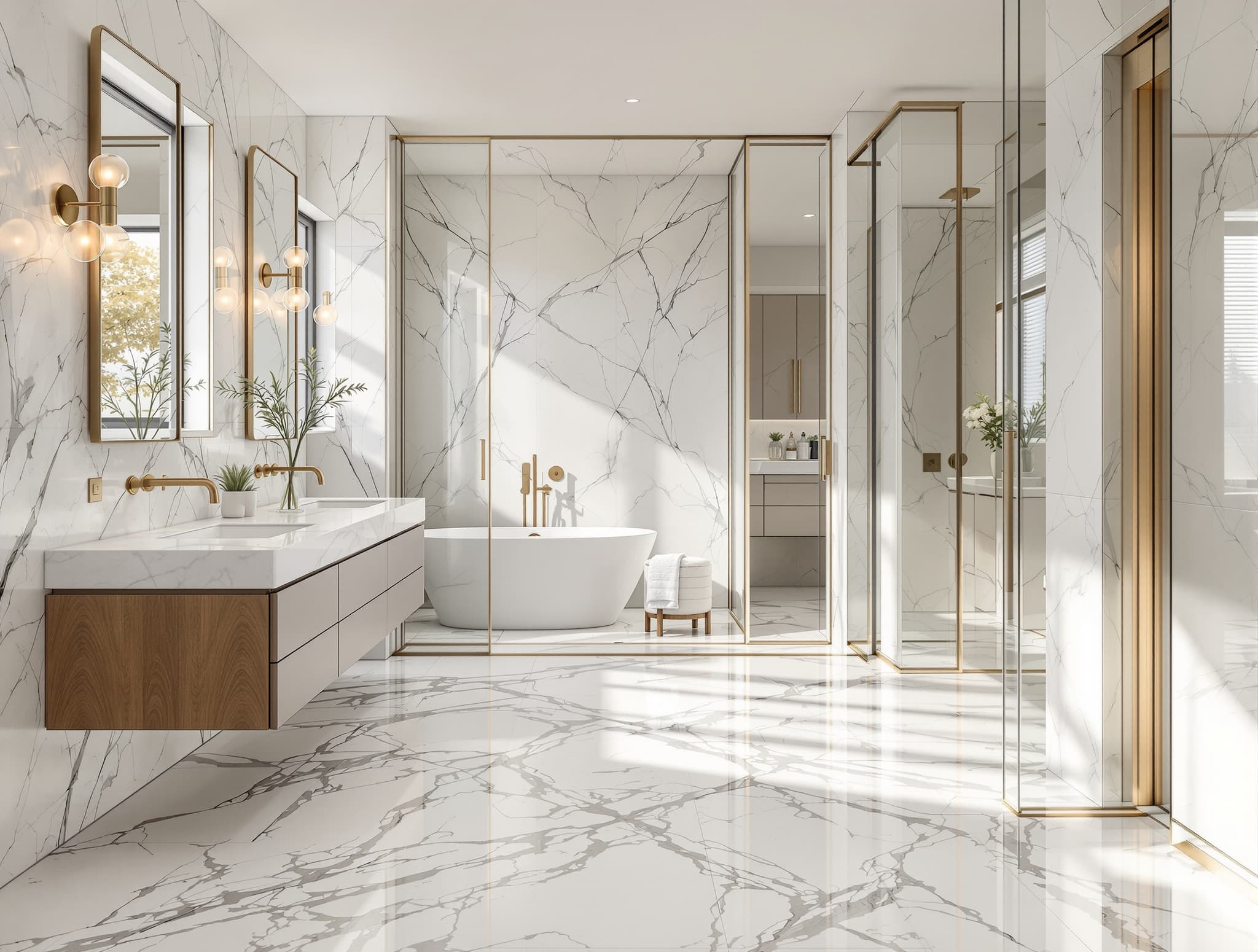 Marble-look porcelain floor in a renovated bathroom
