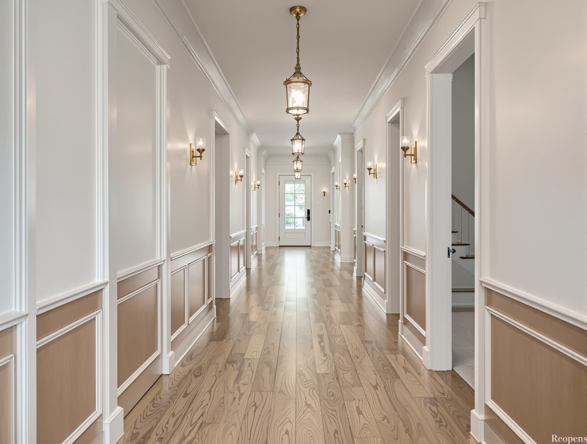 Wide-plank oak floor running through a bright living room