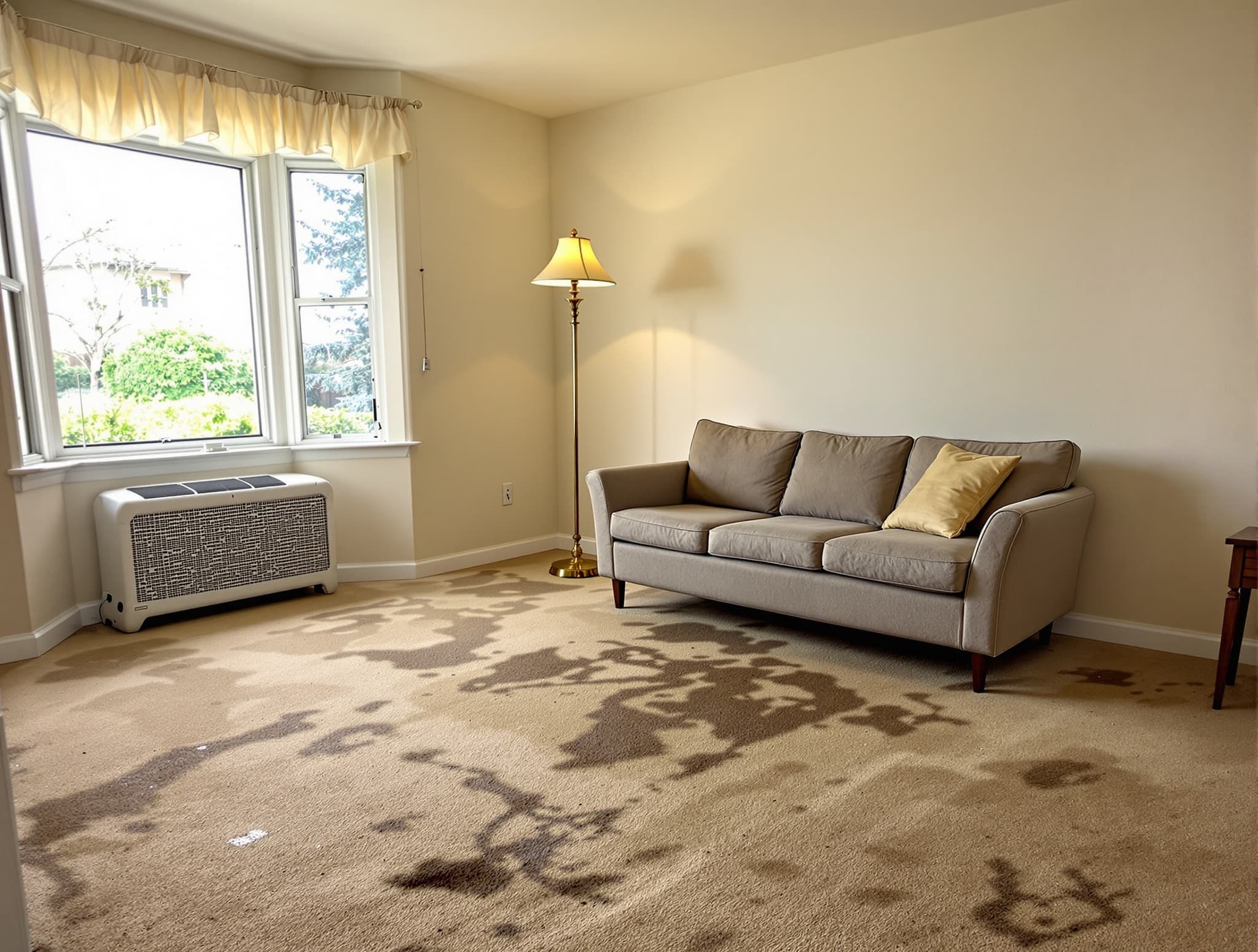 Stained 1990s beige carpet in a Long Island living room