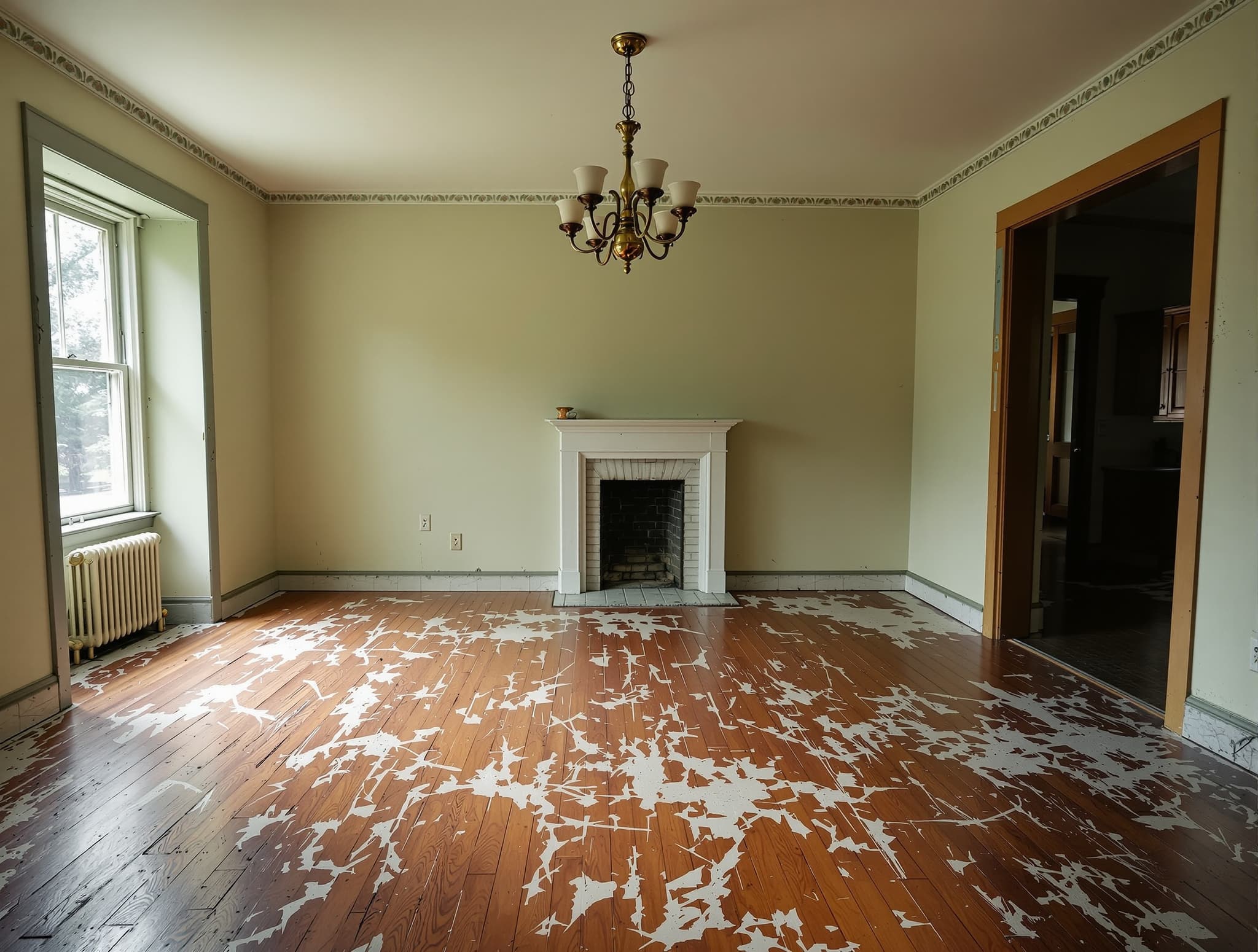 Worn hardwood floor with the old finish peeling away across the room