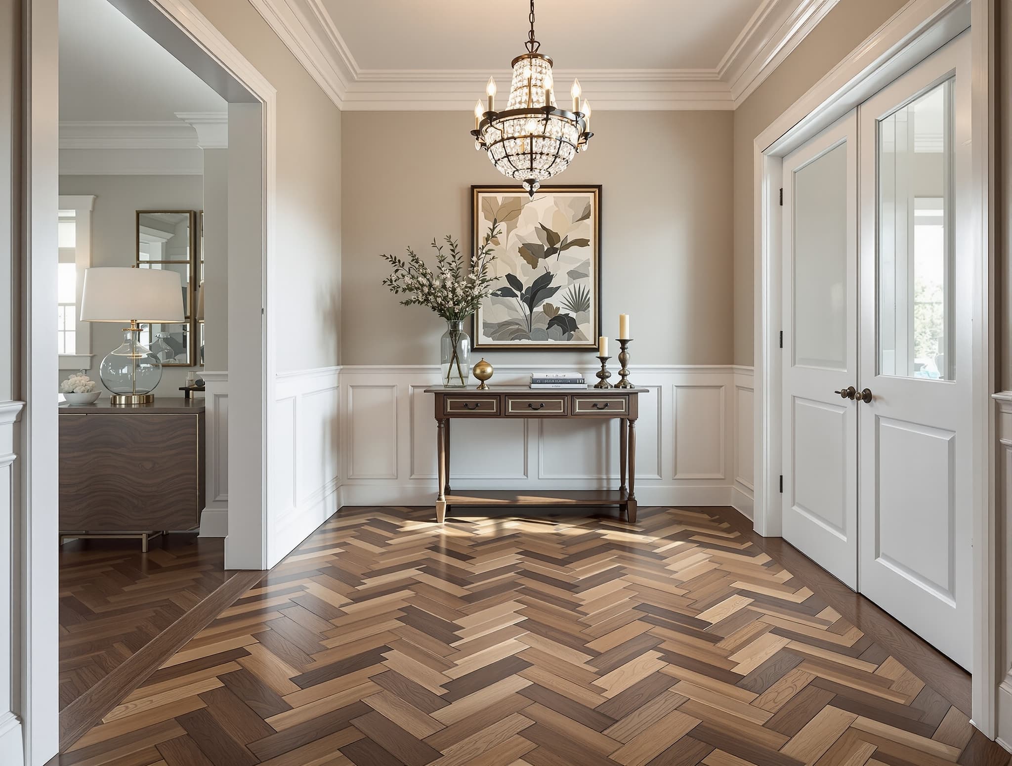 Herringbone engineered walnut hardwood foyer