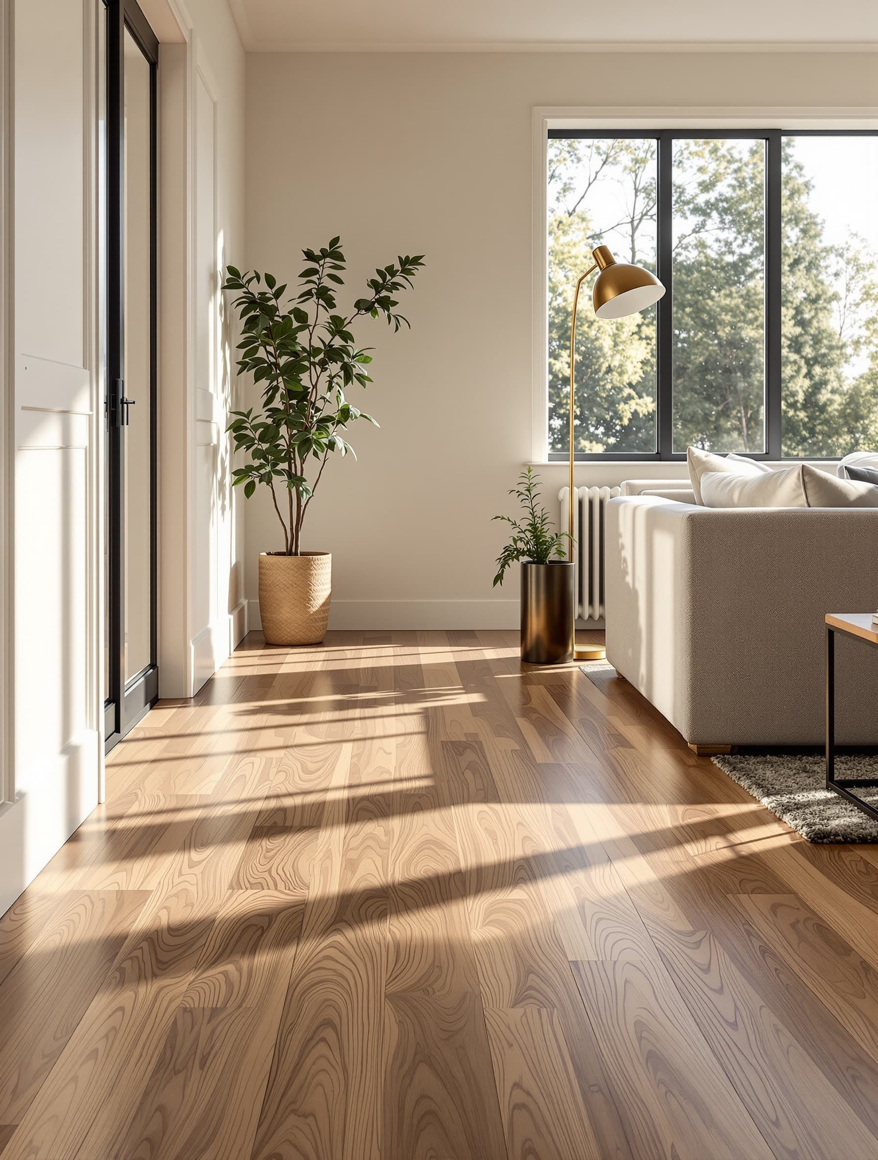 Wide-plank European white oak hardwood flooring in a Long Island living room