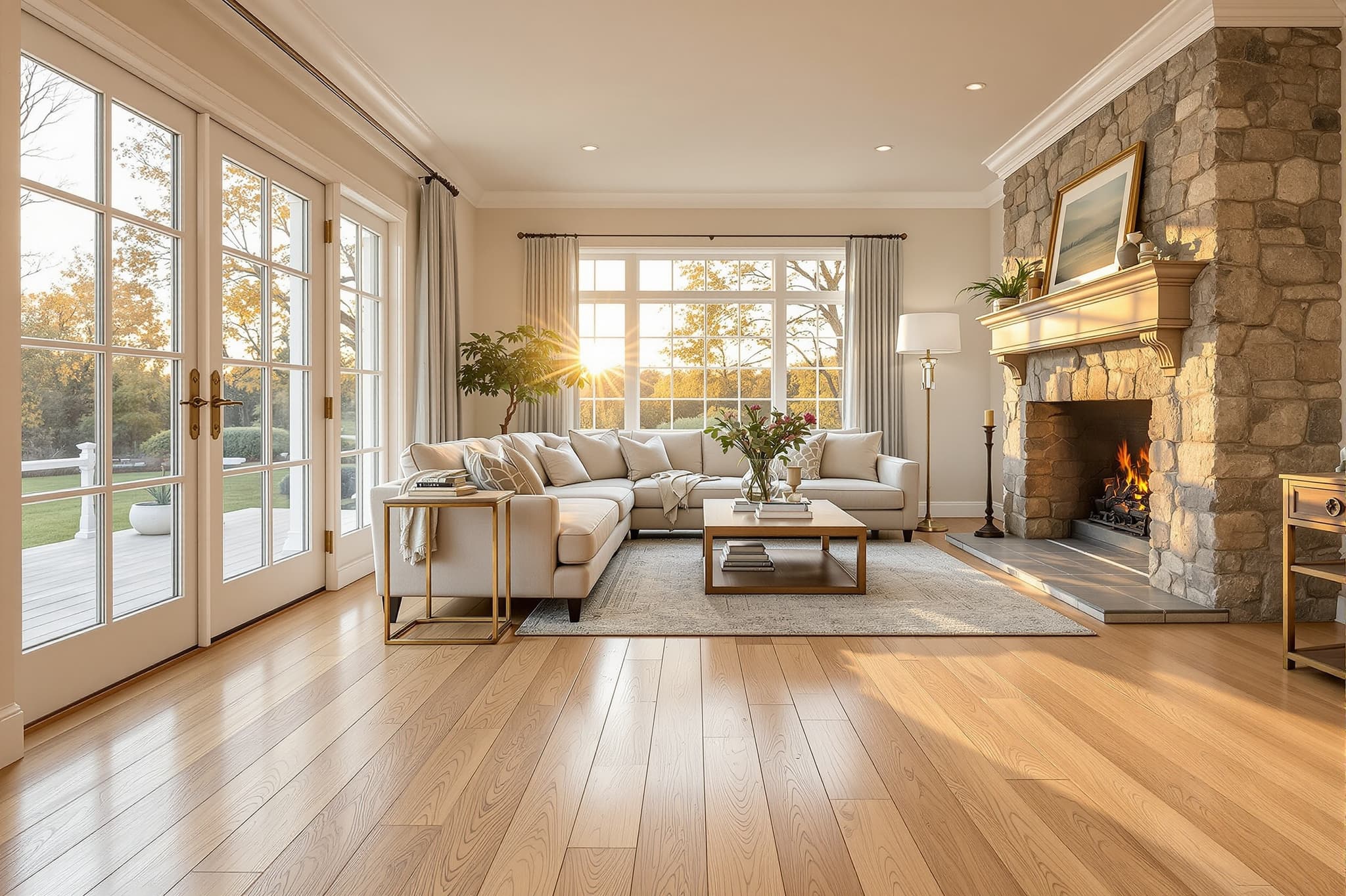 Refinished wide plank hardwood